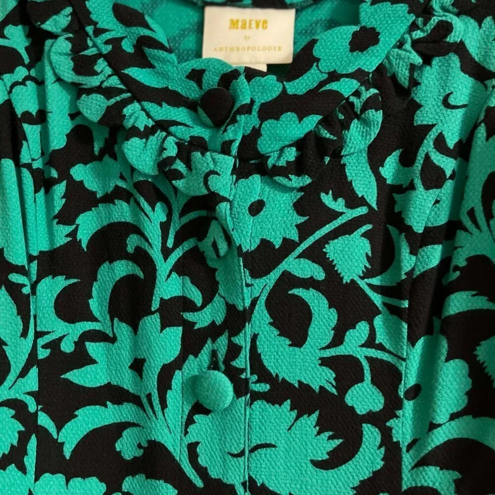 Maeve by Anthropologie Green Black Floral Scalloped Edge Top Assey Blouse Size 6 - Picture 4 of 12